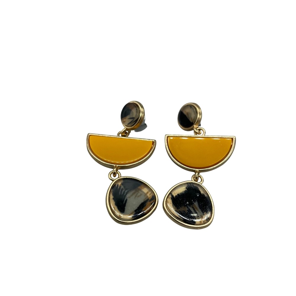 Gold Tone Mustard Yellow Resin Tortoise Shell Geometric Drop Post Earrings